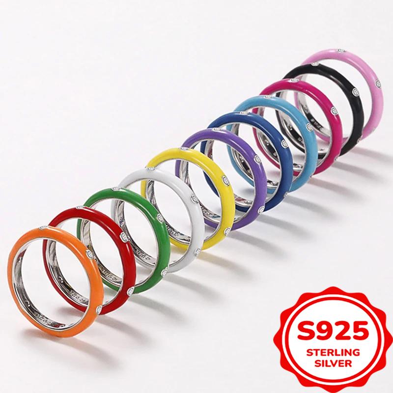 925 Silver Plated Dainty Colorful Enamel Ring Female Fashion Finger Accessories With Shiny Crystal Party Jewelry For Daily Gift