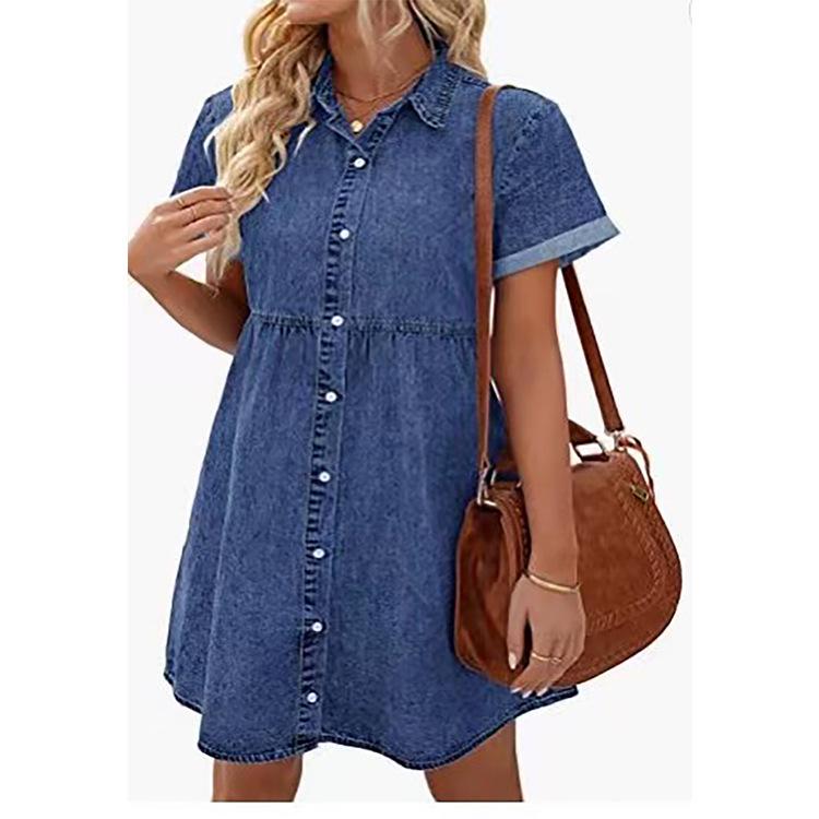 European-American Washed Denim Ruffle Dress with Turn-Down Collar