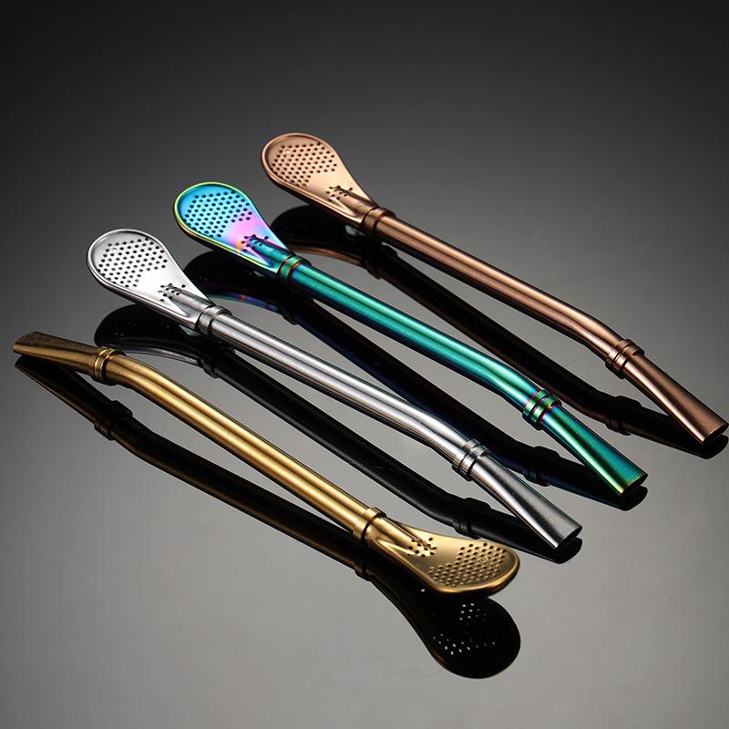 304 Stainless Steel Double Ring Straw Spoon Mate Tea Tool Spoon Titanium Plated Multi-color PVD with Filter Can Be Customized