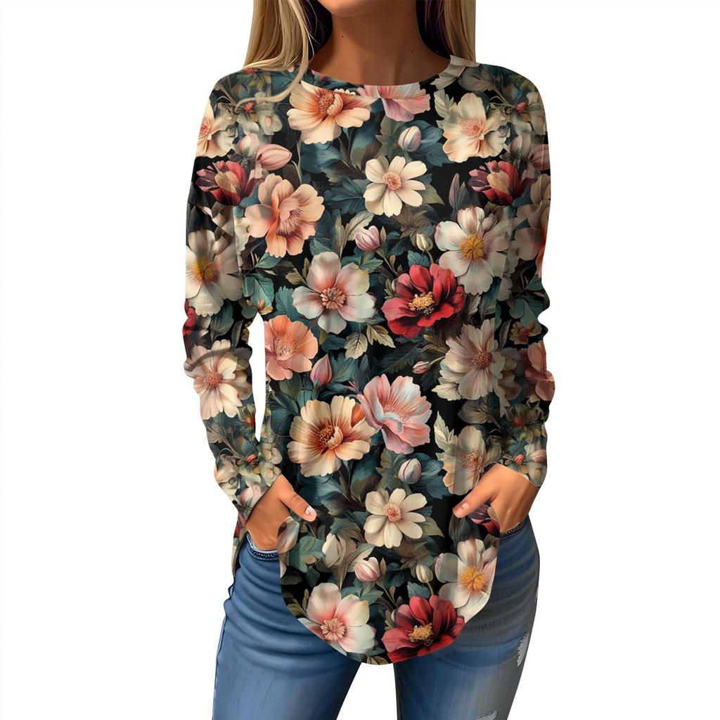 Women's Loose Casual Printed Round Neck Long Sleeved T Shirt Top Pullover Long Sleeved Sweatshirt
