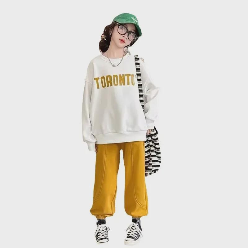 2024 Girls' Stylish Two-Piece Suit: Casual Sweatshirt & Sports Pants for Big Kids