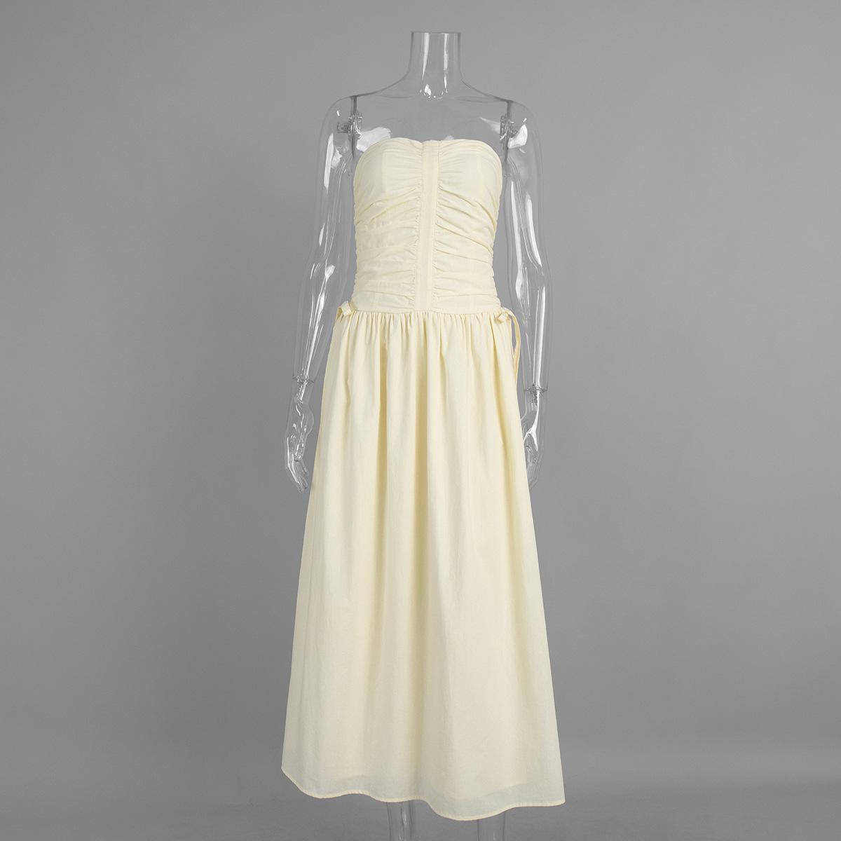 French tube top dress European and American summer new women s waist pleated strapless holiday dress S