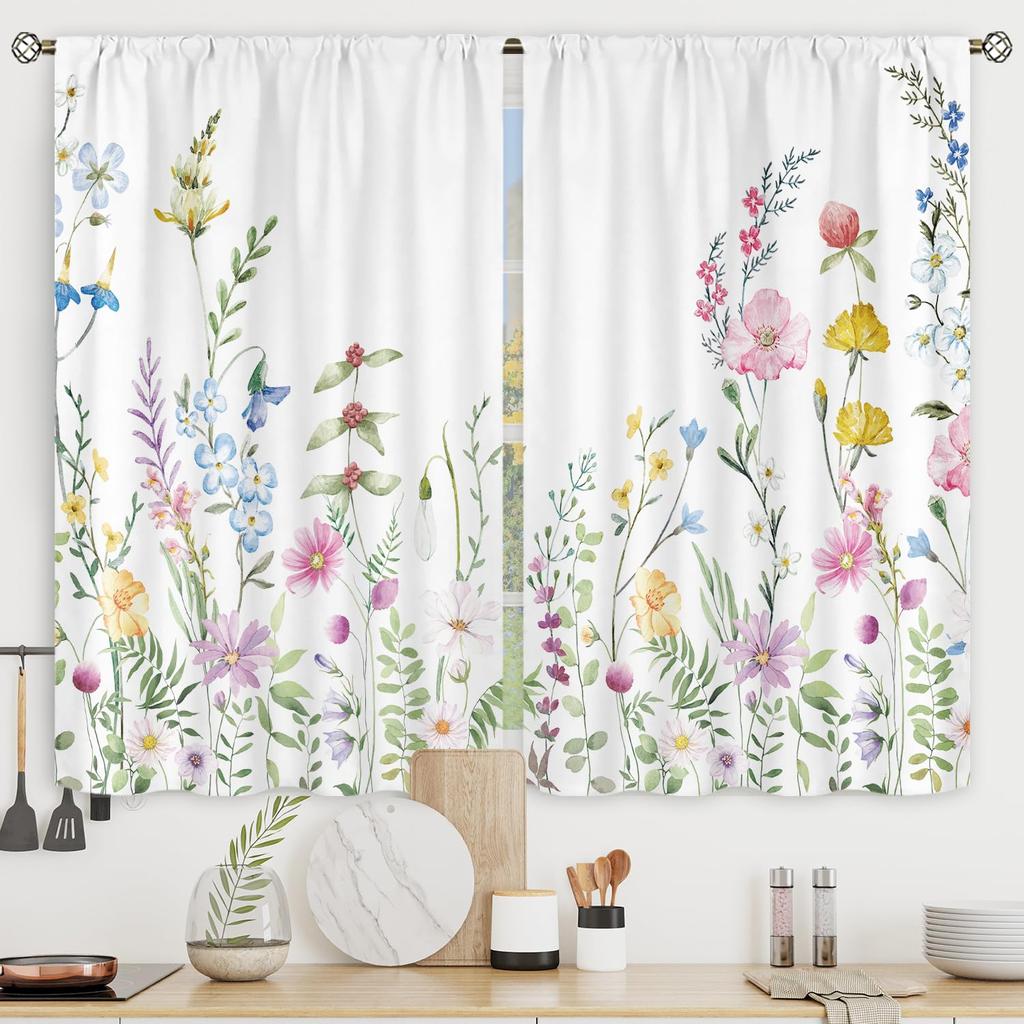 2 Panels Floral Curtains Wildflower Rod Pocket Colorful Leaves Spring Nature Rustic Bedroom Living Room Treatment Fabric