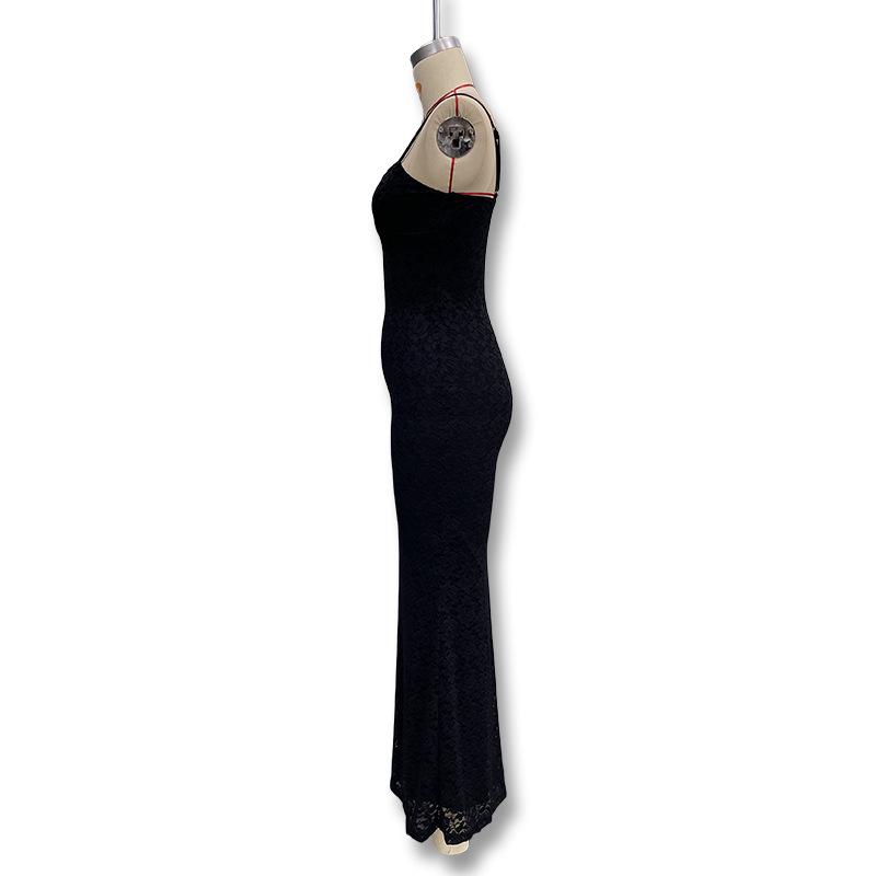 2023 Summer Women's Sexy Spaghetti Strap Lace Dress - Slim Fit, Transparent, Solid Color, Sleeveless