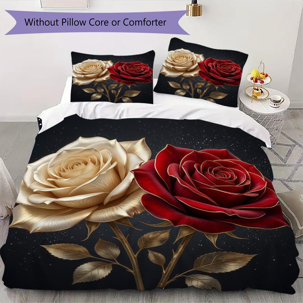 Classic White Rose Pattern Bedding Uilt Set Uilt Cover Pillowcase Home Decoration Birthday Gift (1 * Duvet Cover + 2 * Pillowcase Without Core)