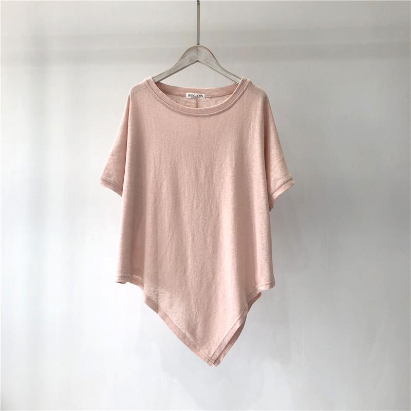 Solid Color Irregular Hem Cotton T-Shirt - Women's Loose Short Sleeve Round Neck Summer Top