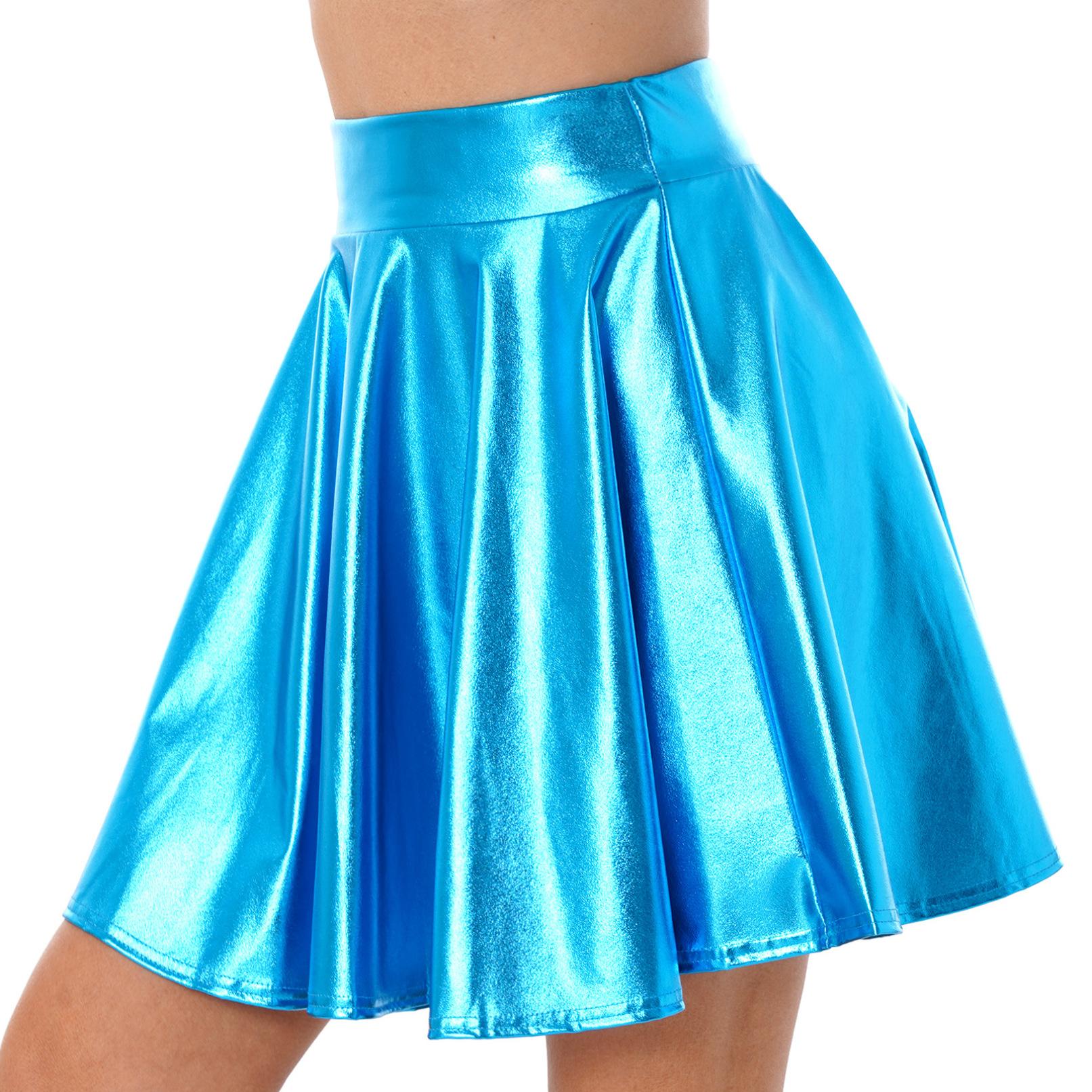 

Жіноча глянцева спідниця-кльош із високою талією, блискучий металевий костюм із воланами, танцювальний одяг для вечірки S небо синє кольору