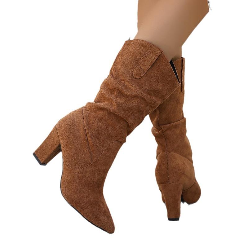 Women's Pointed Toe Slouchy High Heel Fashion Boots, Suede Chunky Heel Ankle Boots, Plus Size Winter Shoes