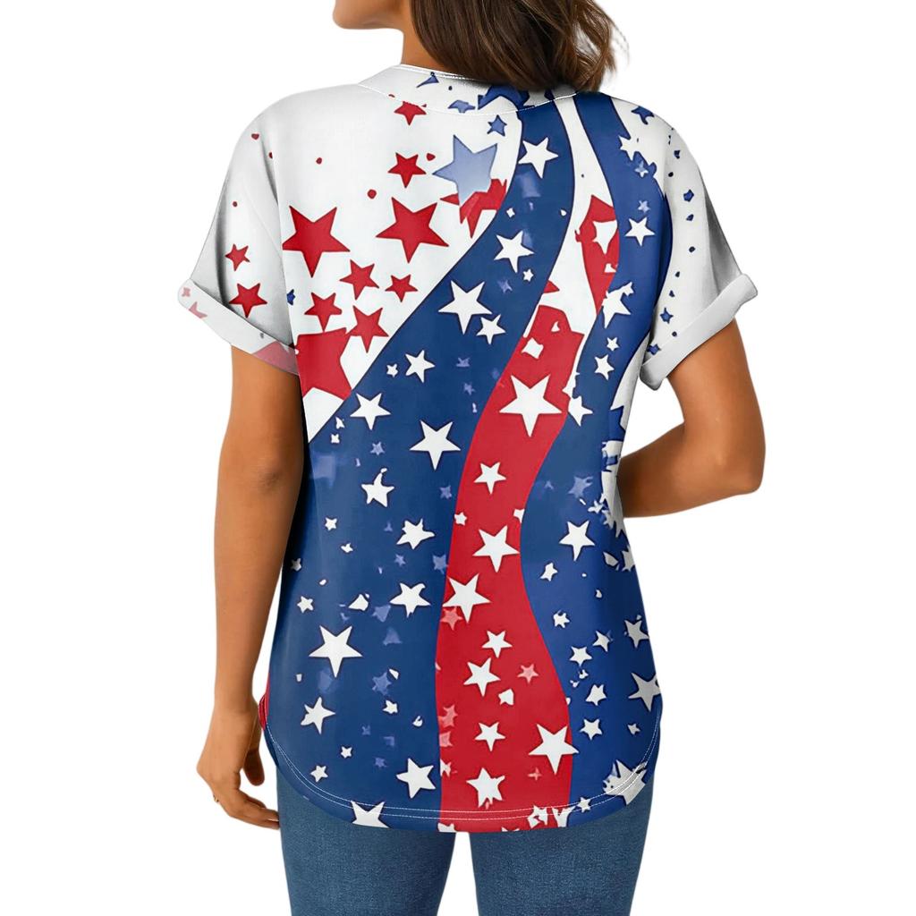 Women's Casual Fashion V-Neck Button Independence Day Print Short Sleeve Top