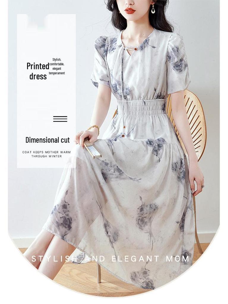 Elegant French-Style Summer Chiffon Dress with Waist-Cinching Collar for Women