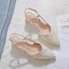 Baotou, Thick Heel, Single Shoe, Female, Pointed Toe, Straight Strap, Backless, Middle Heel, Sandals