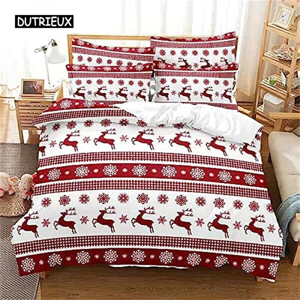 Christmas Duvet Cover Red Bow Pattern Comforter Covers Shams Buff Color Bedding Set Xmas Gift Decorations For Children Women Men