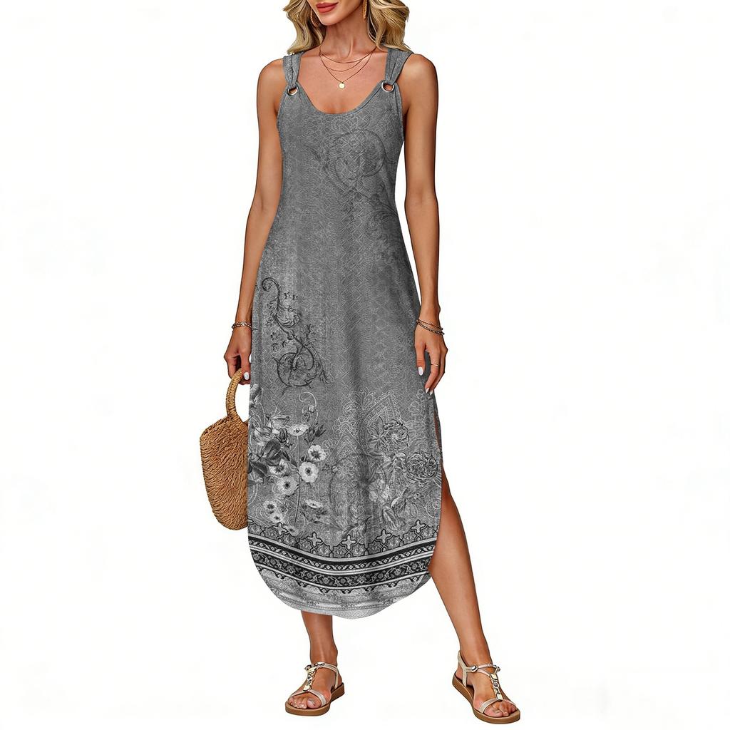 Women's summer long dress, sleeveless with side slits, long retro printed camisole dress