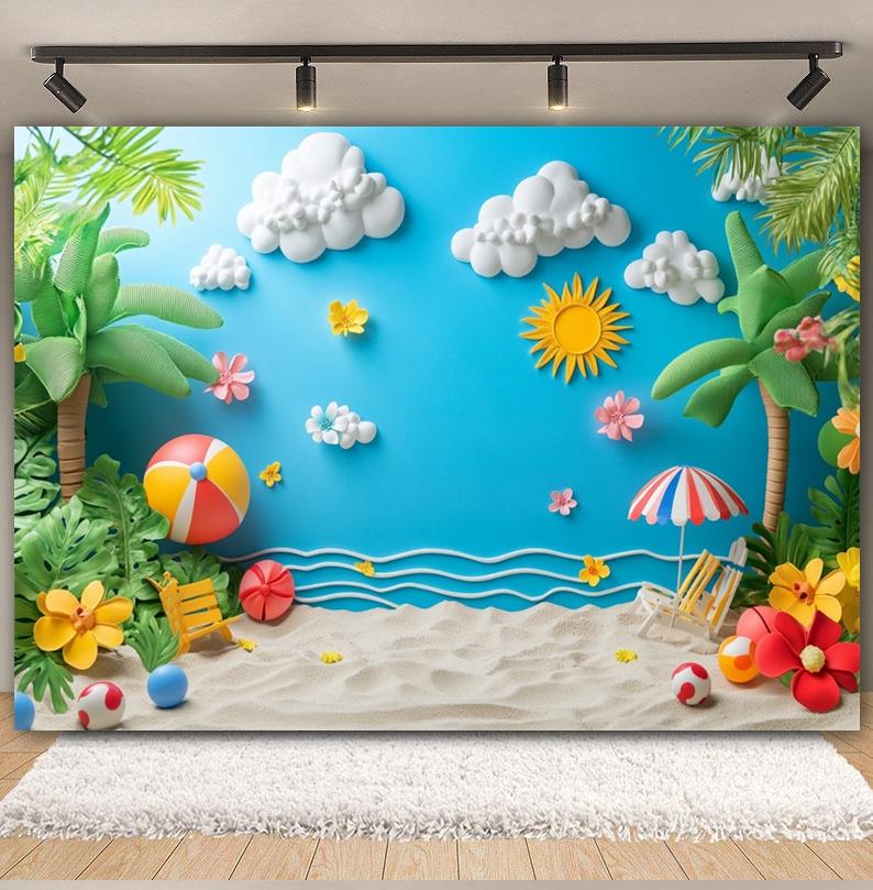 Summer Beach Backdrop Hawaii Tropical Seaside Sunshine Blue Sky Palm Tree Baby Birthday Holiday Party Photography Background