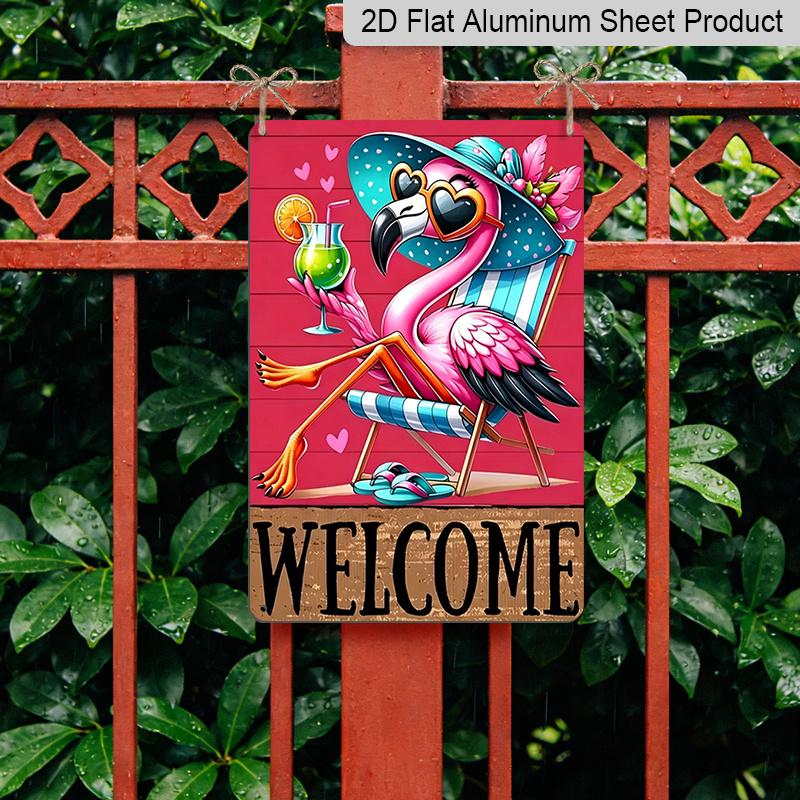 2D Country Modern English Aluminium Plaque Metal Sign, 8X12 Inch, "Welcome" Tropical Flamingo Beach Theme, Wall Decor, Summer Art for Home, Porch