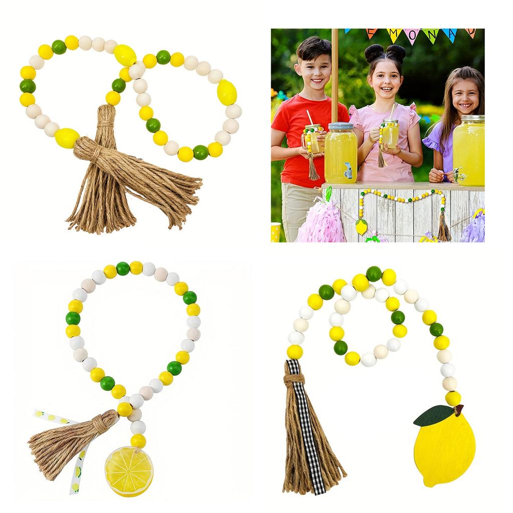 Lemon Wood Beaded Garland with Rustic Tassels Lemon Farmhouse Rustic Beads Summer Country Style Home Tiered Tray Decor
