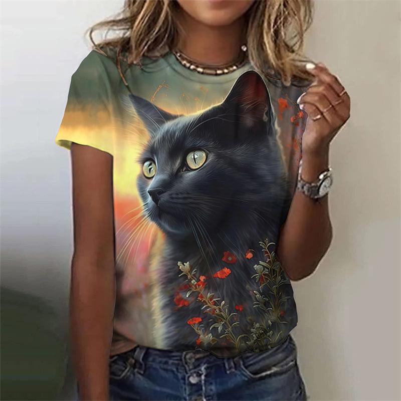 Cat pattern women's T-shirt animal 3D printing T-shirt summer casual round neck short sleeved T-shirt top Harajuku women's clothing