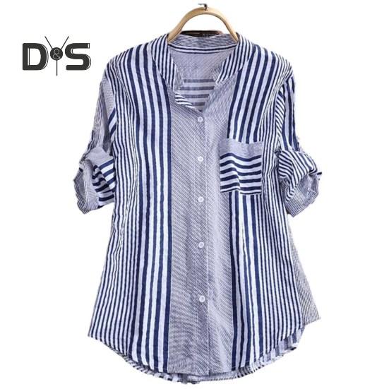 

Женская рубашка на осень с контрастным полосатым принтом, длинным рукавом, отложным воротником, однобортная, на пуговицах, свободная повседневная женская блузка, одежда XL синий