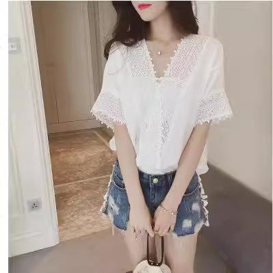 Women's V Neck Short Sleeve Blouse Loose Fit Solid Color Lace Hollow Out Spliced Chiffon Summer Casual Top
