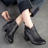 Johnature Hollow Out Boots Round Toe Breathable Back Zipper Genuine Leather Sandals Retro Mid Heel Women's Shoes