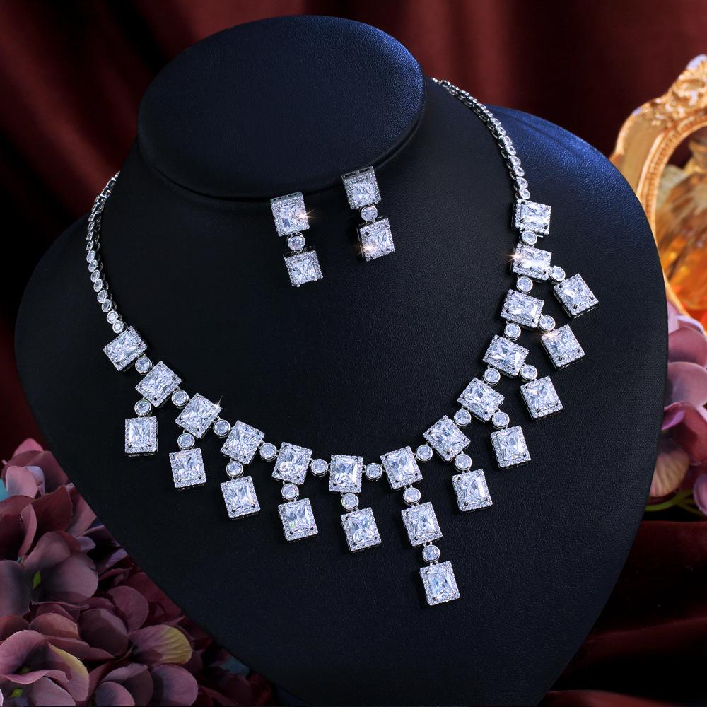 Bright Diamond Jewelry Necklace Earrings Bridal Wedding Dinner Jewelry Zircon Dress Accessory Set Chain