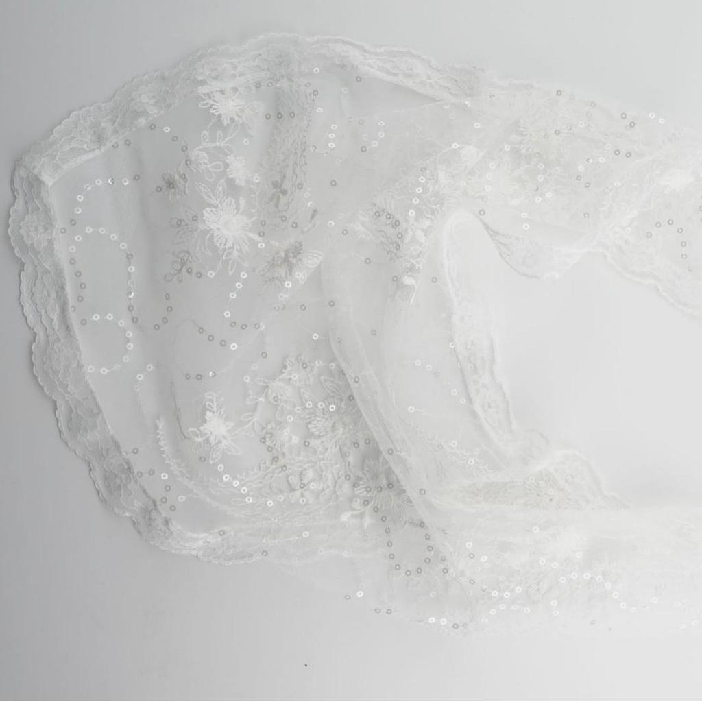 Elegant White Lace Embroidered Triangle Scarf with Floral Mesh for Wedding or Bridal Headdress