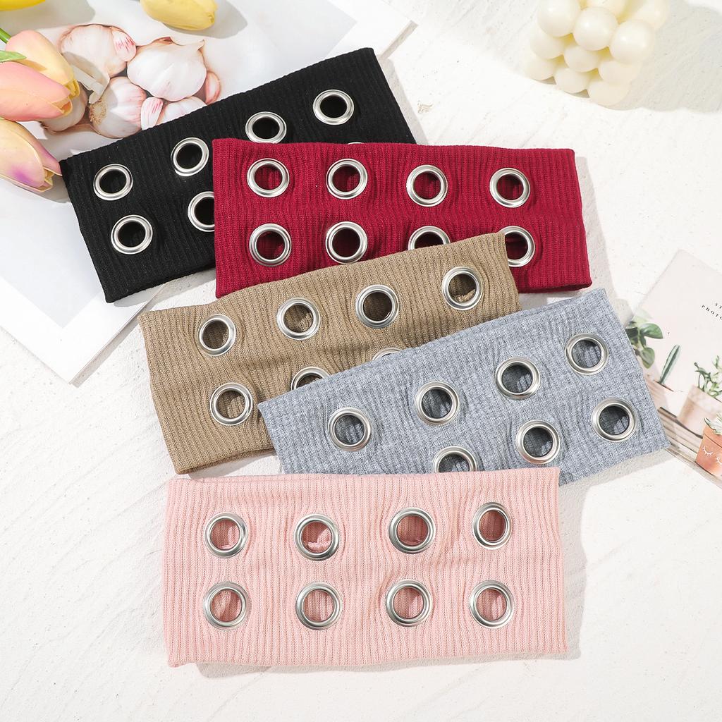 AWAYTR Punk Mädchen Stoff Hohl Elastische Stirnbänder Metall Rock Personalisiert Hohl Ösen Haarband Lässig Sport Ösen Stirnband