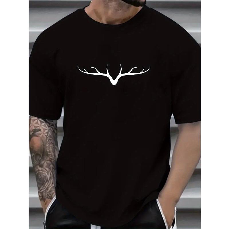 Plus Size Big & Tall Antler Print Short Sleeve Casual T-shirt, Stylish Comfy Tees