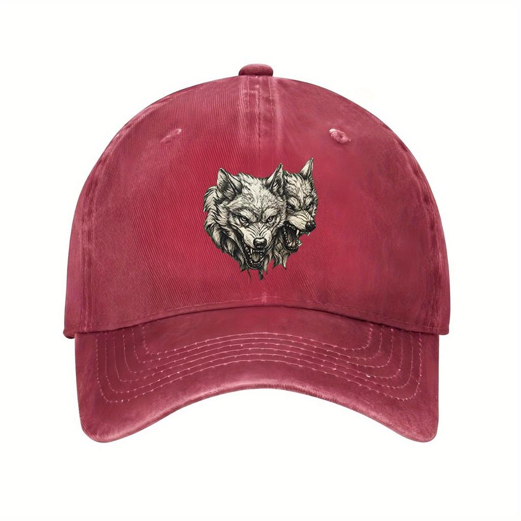 Three Head Wolf Print Baseball Cap Unisex Cotton Adjustable Distressed Style Casual Hat Men Women