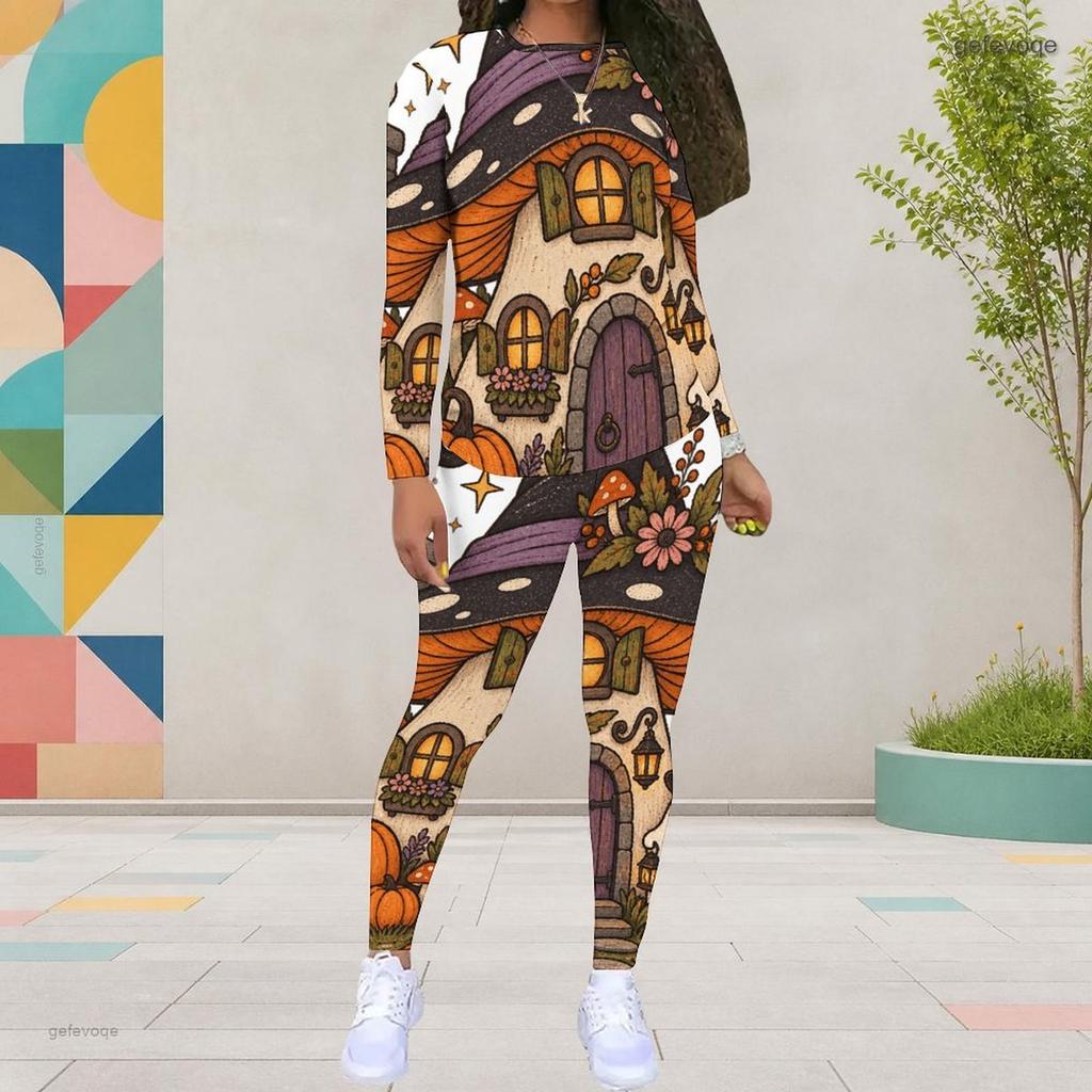 Women Plus Size Round Neck Long Sleeve Skeleton Printed Top Fitted Pants Two Piece Set
