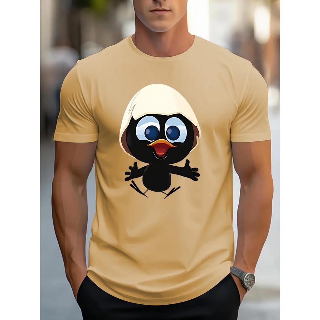 Men's Summer 100 Cotton Fashionable Casual Sports Loose and Interesting Cartoon Penguin Pattern Printed Round Neck Short Sleeved T-shirt