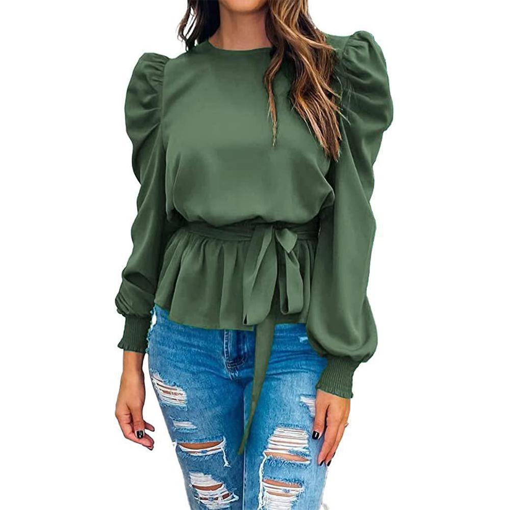 

Женские пышные блузки с длинными рукавами, атласная рабочая блузка с завязкой на талии, повседневные топы