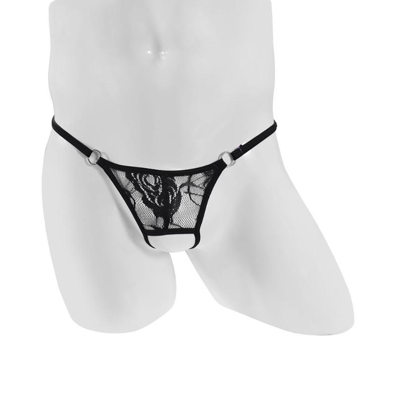 Mens Open Front Lace Thongs Low Rise Spaghetti Strap G-String See Through Lingerie Underwear Sissy Panties Penis Hole Underpant