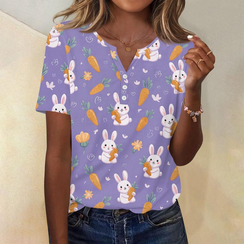 Damen T-Shirt mit Aufdruck und Knopfleiste, kurzärmelig, für den Alltag, Wochenendmode, Basic, V-Ausschnitt, normales Oberteil