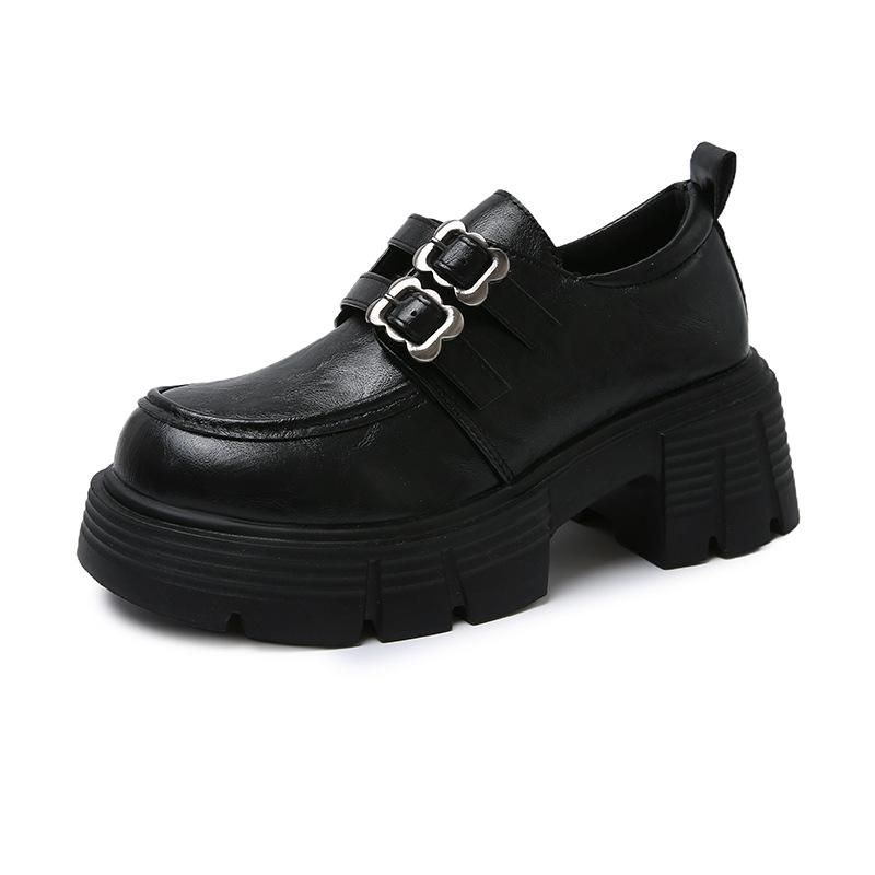 

Retro British high-heeled loafers for women s 2025 autumn new platform belt buckle JK uniform small leather shoes for women 35 чёрный
