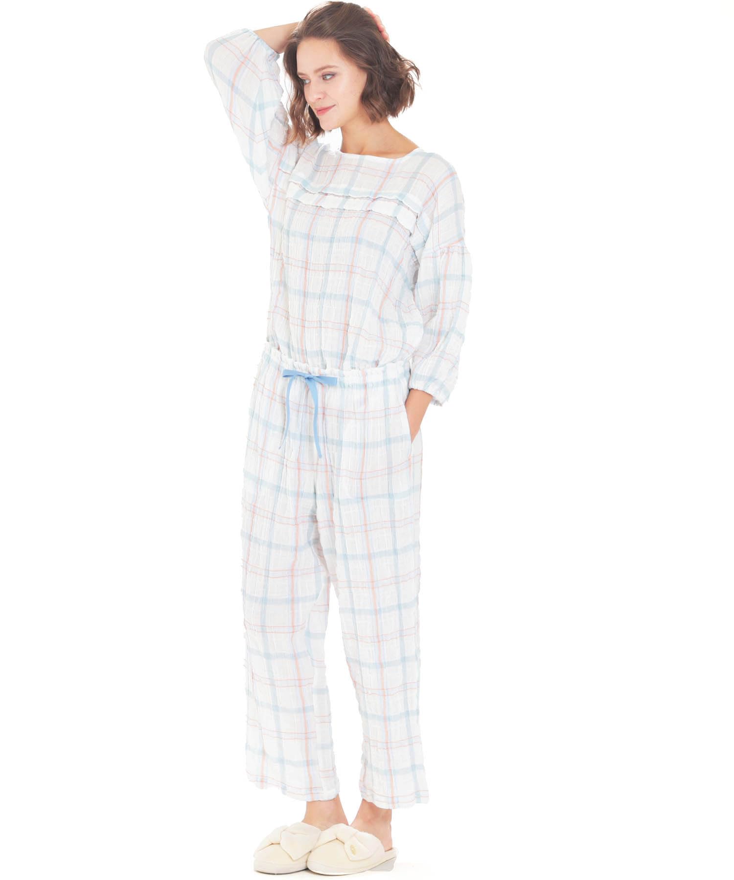 

[Narue] Pajama Set, Shirred Double Gauze Check Set-up, Women s, Green