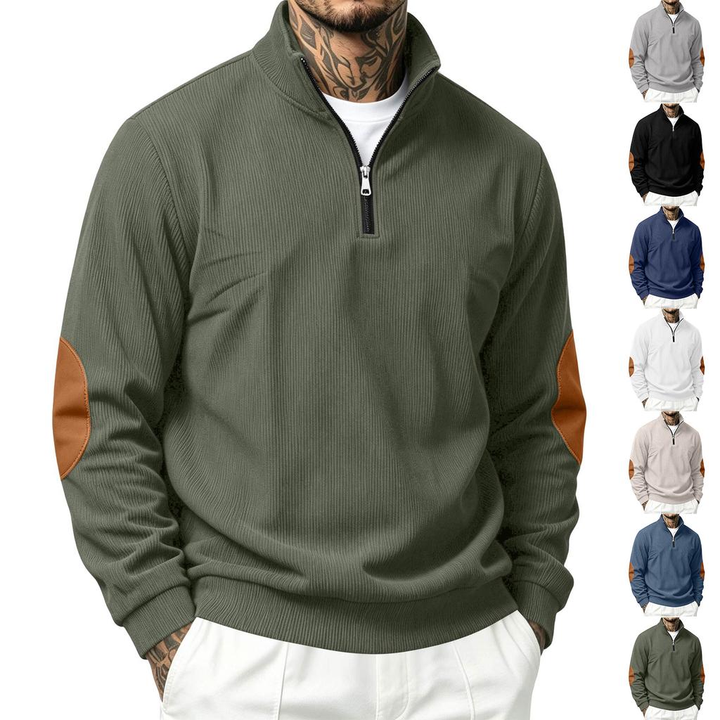 Men's Corduroy Vintage Stand Collar Zip Pullover Sweatshirt Relaxed Fit for Spring Fall Outdoor