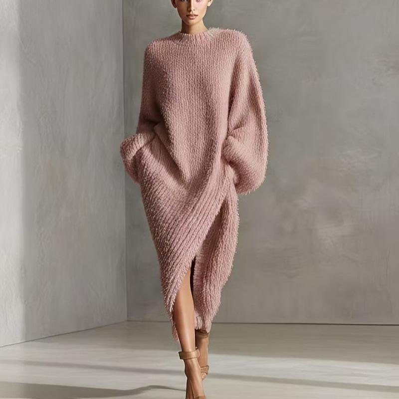 AA Europe and America 2026 autumn and winter new round neck loose split temperament women's clothing medium and long dress
