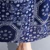 Vintage Women Cotton Linen Dress Print Spliced Striped O Neck Short Sleeve Pocket Loose Dress