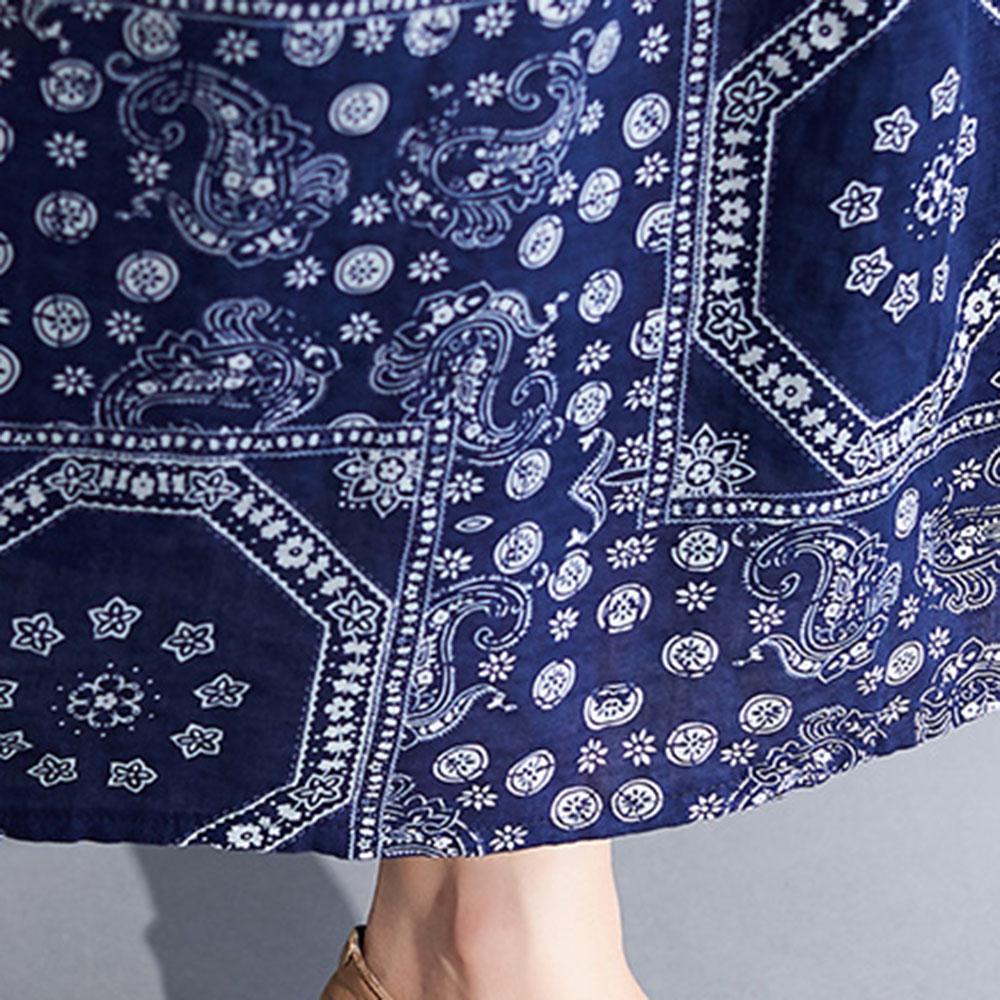 Vintage Women Cotton Linen Dress Print Spliced Striped O Neck Short Sleeve Pocket Loose Dress