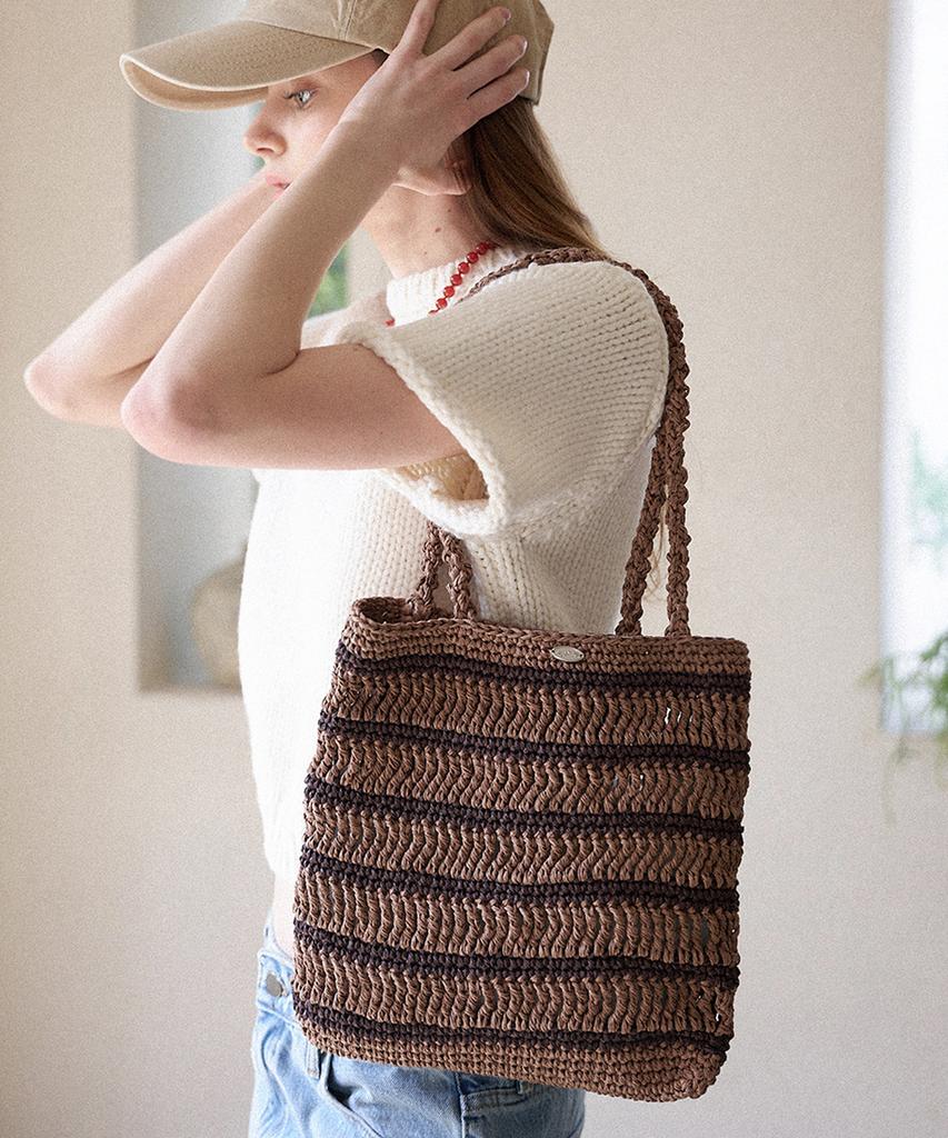 Slowslowly Moroccan Handmade Crochet Stripe Shoulder Bag _ Brown