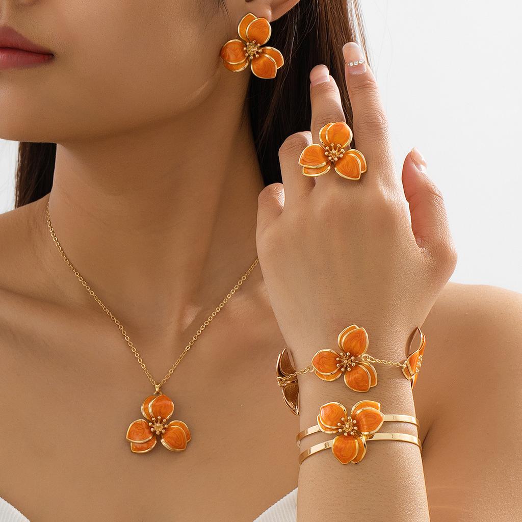 Simple Oil-Infused Flower Earrings And Necklace Set - Casual Jewelry Set For Women