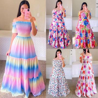 Einseitiges bedrucktes Kleid Elegant Ärmellos Hochtailliert Kleider Lässig Damen Schulterfreies Kleid