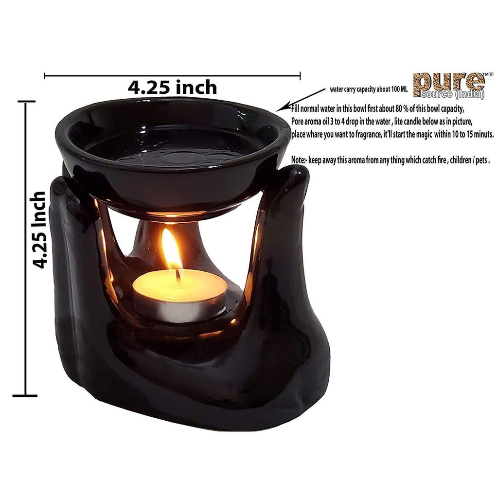 Ceramic Hand Type Aroma Diffuser Oil Burner with Lavender & Rose Oil 10ml Each (Black)