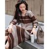 Demana Retro Striped V-Neck Long Sleeve Midi Dress
