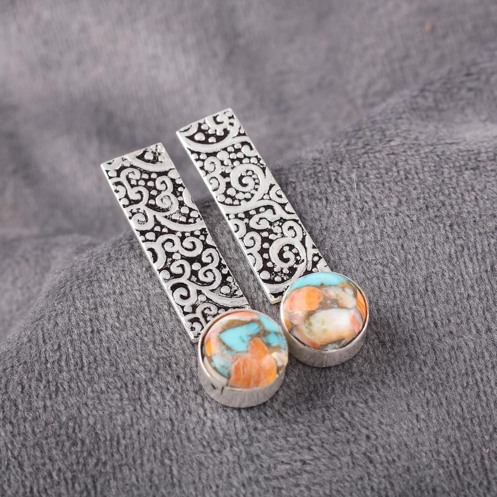 Spiny Oyster Handmade Gemstone Earrings, 925 Solid Sterling Silver Earrings Designer Jewelry, For Anniversary Gift