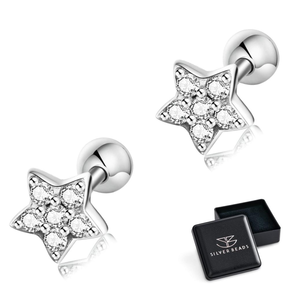 Crystal silver stars, screw-on stud earrings, 925 silver