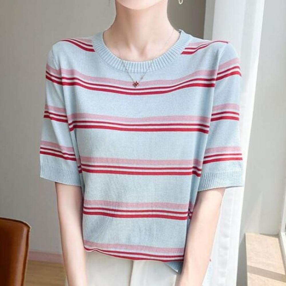 Navava Women Stripe Point Round Neck Short Sleeve Knit Nk3036