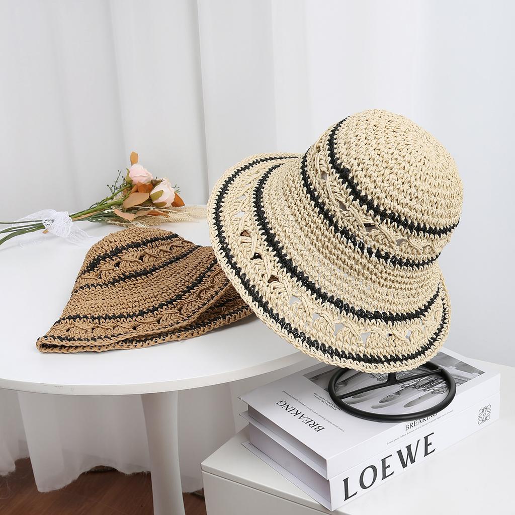 New Summer Beach Fisherman Hat For Women Breathable Wide Brim Foldable Stripe Bucket Hat Female Outdoor Sunscreen Cap Party Gift