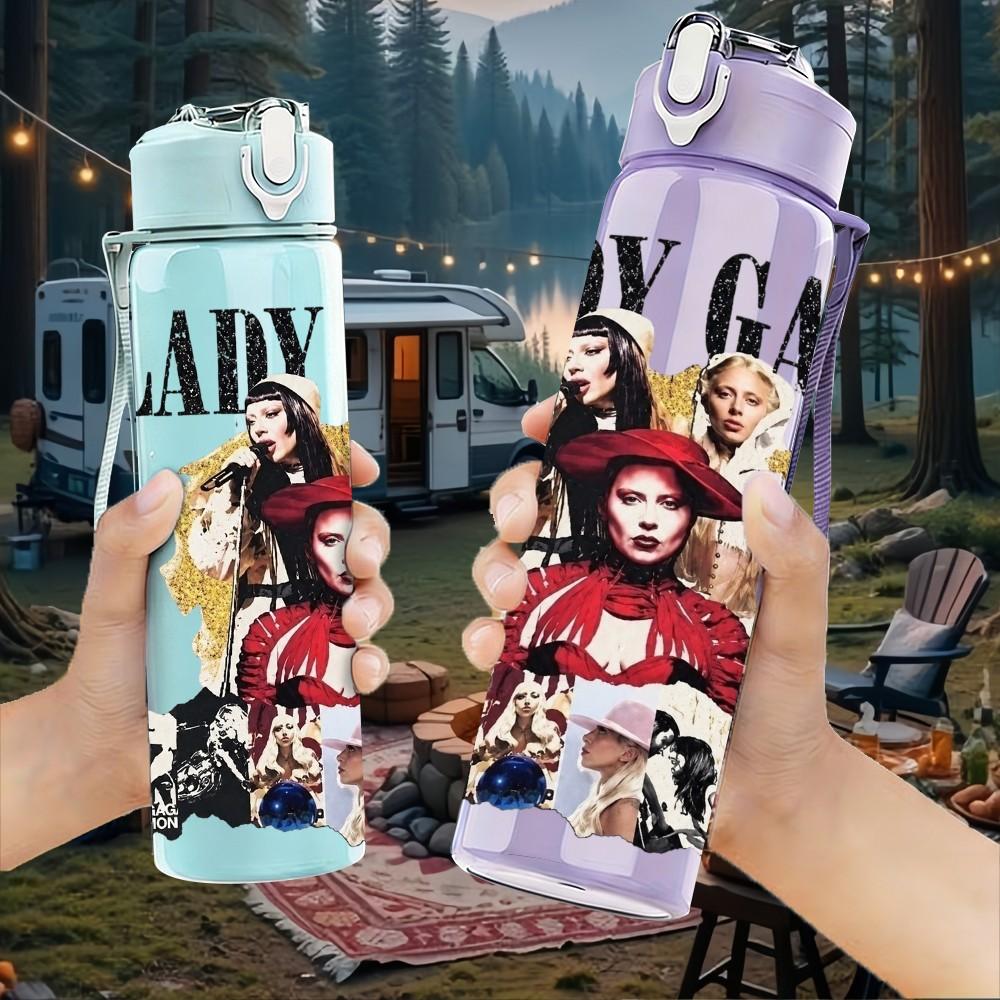 1PC Lady Gaga Pop Portrait 750ml Sports Water Bottle Leakproof Straw Lid Outdoor Office Home